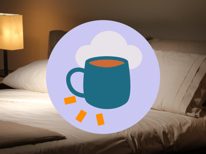 A photo of a bed with the Rest and Relax icon over the top, which is a purple circle and a blue mug of tea