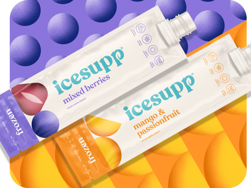 A photo of two icesupp drink products on a purple and orange background