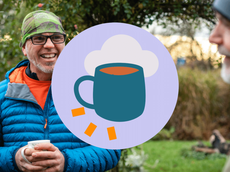 A picture of a man in a garden with a tea icon over the top