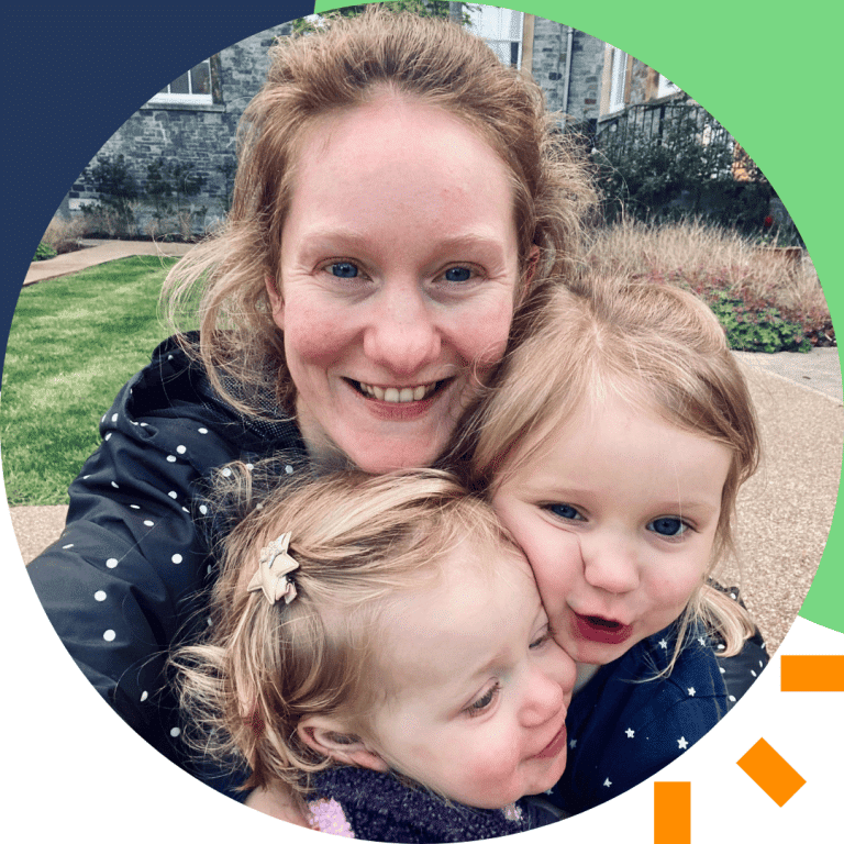 A cloud graphic background with a photo of Milly and her two children