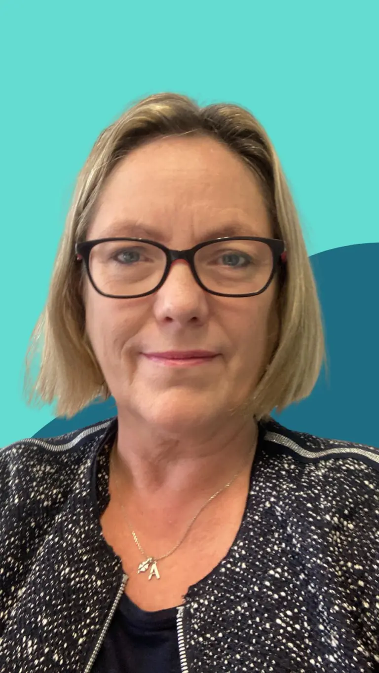 A picture of our trustee Amanda on a blue background